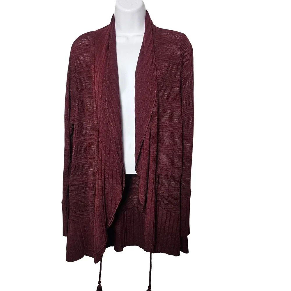 Knox Rose Womens L Bordeaux Open Front Cardigan Tassel Tie Boho NWT Burgundy